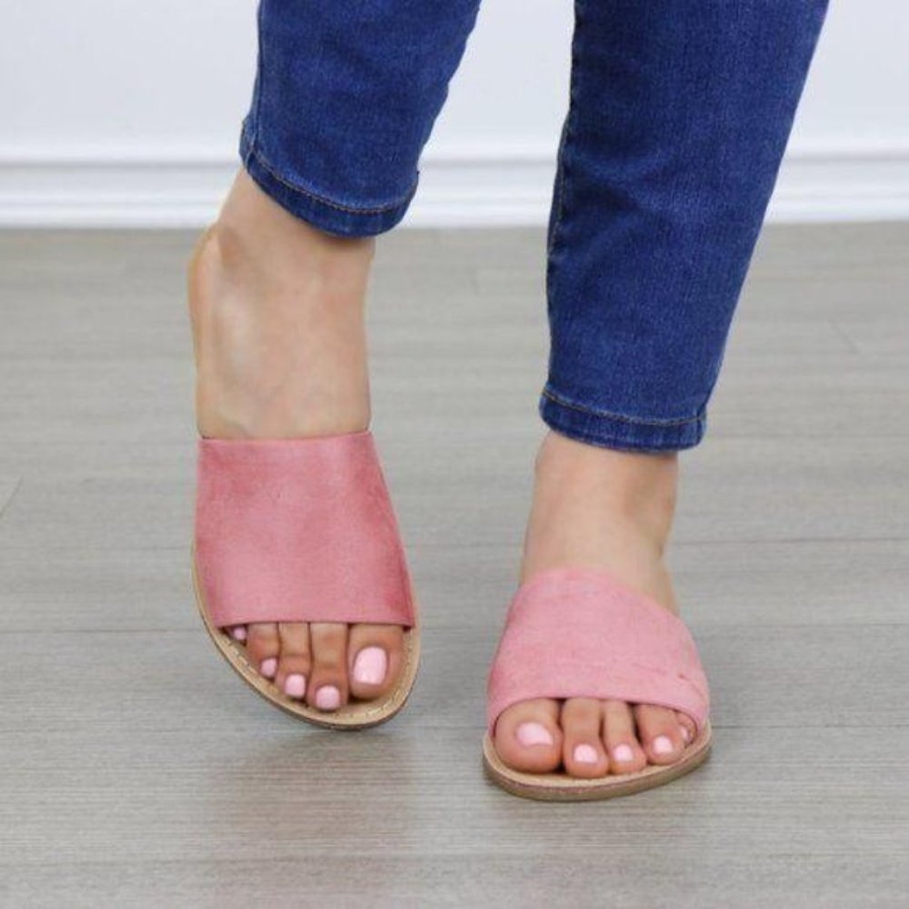 Suede Slip On Slider Pink Flat Sandals - Picture 7 of 7